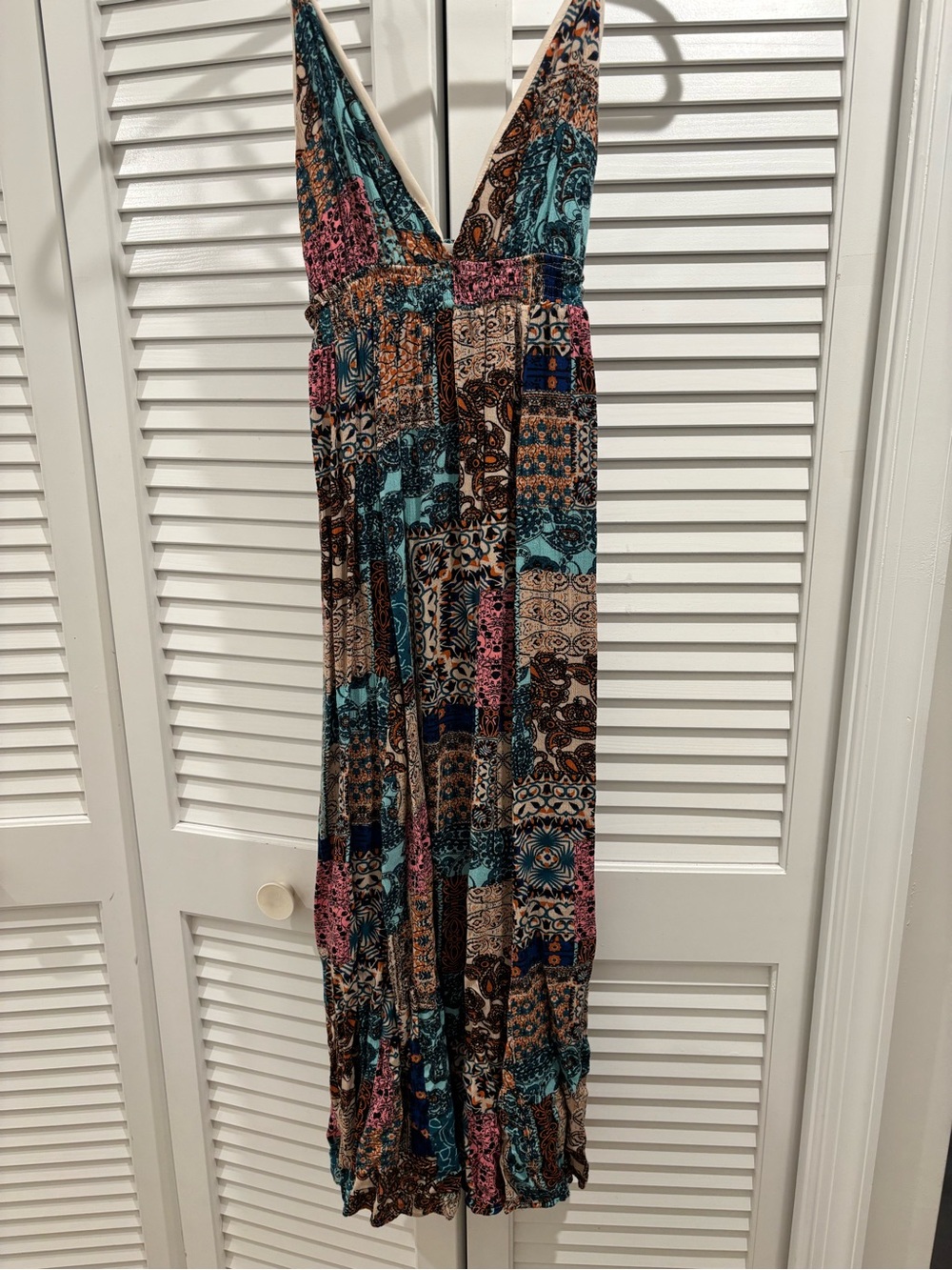Impressions V-Neck Patchwork Maxi Dress in Teal, Pink & Brown